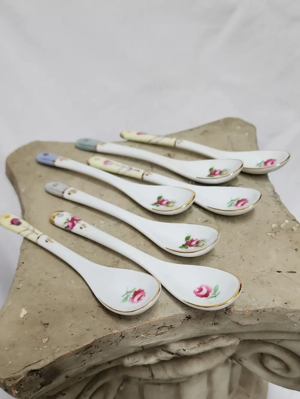 Vintage Handpainted Floral Porcelain Tea Spoons Condiment Spoons